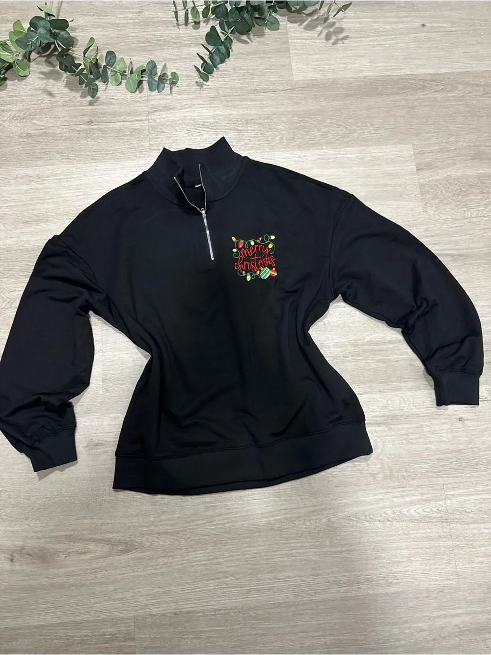 Women's Black Half-Zip Sweater with Festive Chest Embroidery
